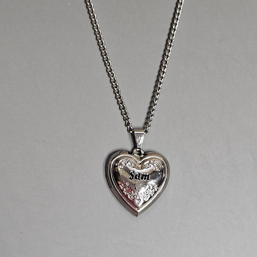 Heart Shaped Locket Choker Necklace Engraved *Sam* Personalized 15"-18"